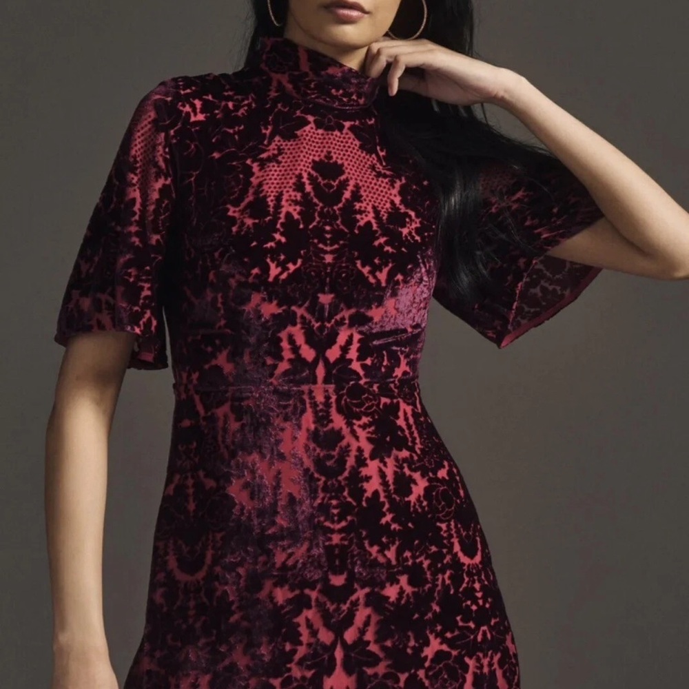 Anthropologie Elegant Velvet Patterned Mock Neck Mini Dress